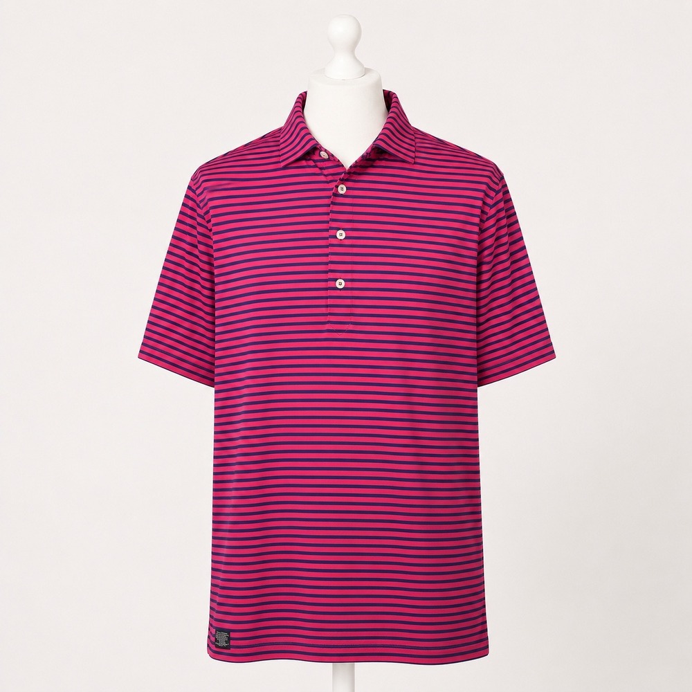 Turtleson Men XL Pink Navy Blue Striped Performance Golf Polo Shirt Short Sleeve